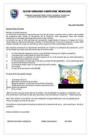 Circular Primeras Comuniones 2018