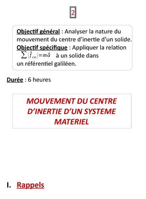 CH2  MOUVEMENT DU CENTRE D’INERTIE D’UN SYSTEME MATERIEL