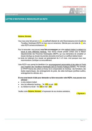 Lettre d'invitation pour renouveler sa RQTH
