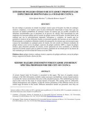 Estudio De Peligro Sísmico De Ecuador Y Propuesta De Espectros De Diseño Para La Ciudad De Cuenca