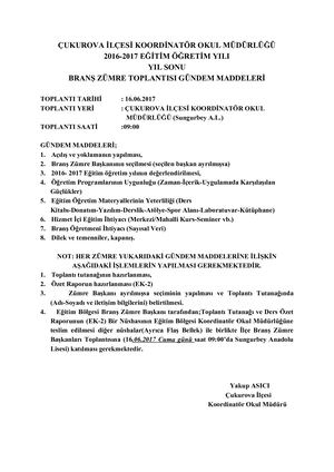 ÇUkurova Eğitim Bölgeleri Zümresi Tutanağı