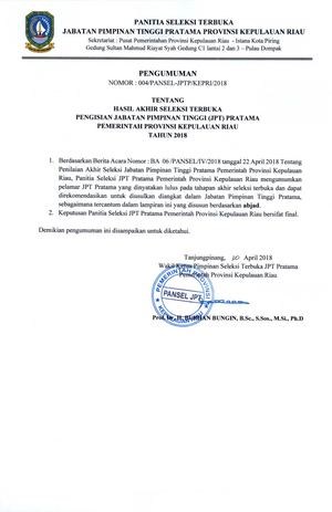 Pengumuman Hasil Akhir Open Bidding Jpt Pratama Provinsi Kepri Tahun 2018