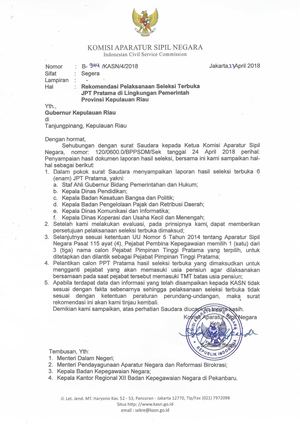 Rekomendasi Pelaksanaan Seleksi Terbuka JPT Pratama Tahun 2018.
