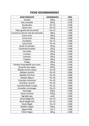 Tableau Des Tarifs bonbon gateaux et frais de port