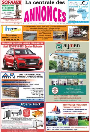 La Centrale des Annonces  N° 1400 Semaine du 15 au 21 Avril 2018 - Prix 25 DA. ISSN 1111 - 4223