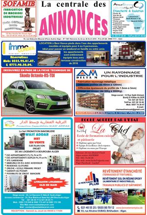 La Centrale des Annonces  N° 1401 Semaine du 22 au 28 Avril 2018 - Prix 25 DA. ISSN 1111 - 4223