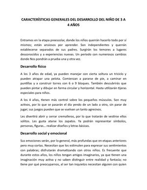 Características Generales Del Desarrollo Del Niño De 3 A 4 Años