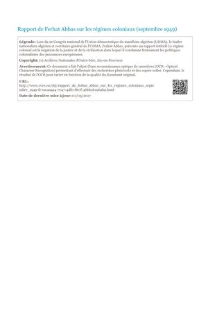 rapport de Ferhat Abbas sur les régimes coloniaux 1949