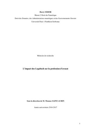 Mémoire L'impact Des Legaltech Sur La Profession D'avocat