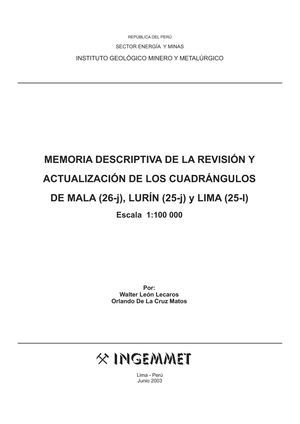 Memoria Descriptiva De Los Cuadrangulos De Mala (26j), Lurin (25j), Lima (25i).