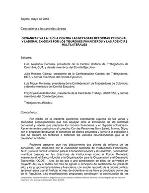 Carta Abierta Centrales Obreras Reforma Pencsional Colombia Firmas Mayo2018