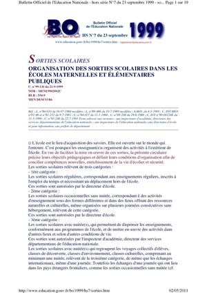 Organisation Des Sorties Scolaires BO HS Du 23 Sept 1999