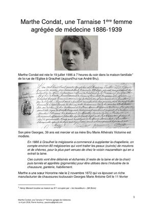 Marthe Condat, une Tarnaise 1ère femme agrégée de médecine 1886-1939