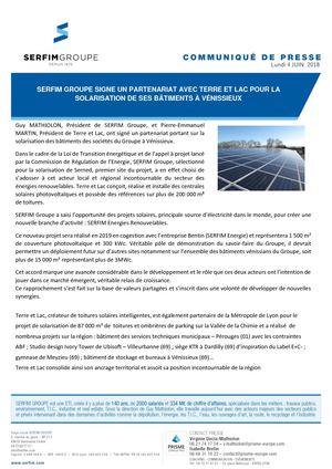 COMMUNIQUÉ - SERFIM GROUPE SIGNE UN PARTENARIAT AVEC TERRE ET LAC