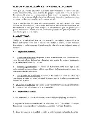Plan De Comunicación En Un Centro Educativo