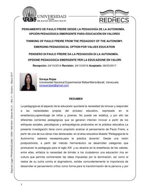 PENSAMIENTO DE PAULO FREIRE DESDE LA PEDAGOGÍA DE LA AUTONOMÍA. OPCIÓN PEDAGÓGICA EMERGENTE PARA EDUCACIÓN EN VALORES