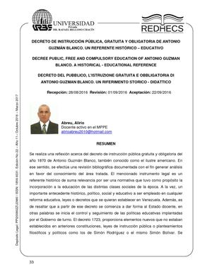 DECRETO DE INSTRUCCIÓN PÚBLICA, GRATUITA Y OBLIGATORIA DE ANTONIO GUZMÁN BLANCO. UN REFERENTE HISTÓRICO – EDUCATIVO
