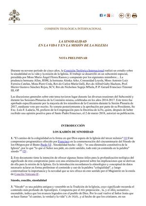 La Sinodalidad En La Vida Y En La Mision De La Iglesia