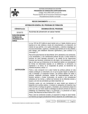 Diseno Curricular Acciones De Prevención En Salud Mental