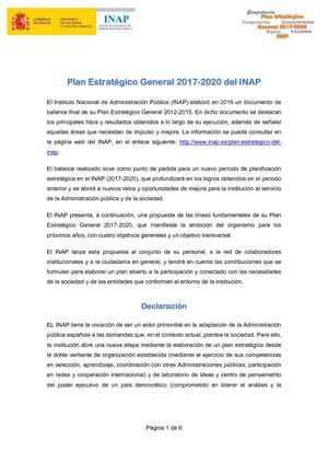 Plan Estratégico General 2017-2020 del INAP El Instituto Nacional de Administración Pública