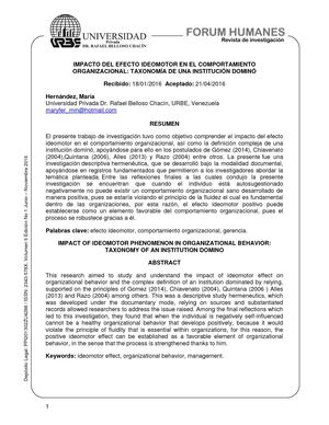 IMPACTO DEL EFECTO IDEOMOTOR EN EL COMPORTAMIENTO ORGANIZACIONAL: TAXONOMÍA DE UNA INSTITUCIÓN DOMINÓ