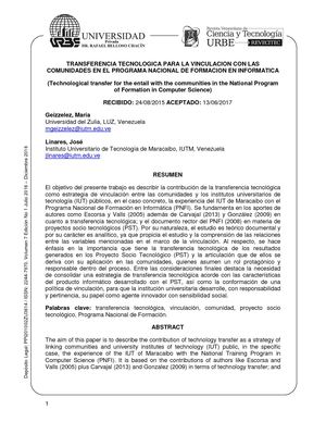 TRANSFERENCIA TECNOLOGICA PARA LA VINCULACION CON LAS COMUNIDADES EN EL PROGRAMA NACIONAL DE FORMACION EN INFORMATICA