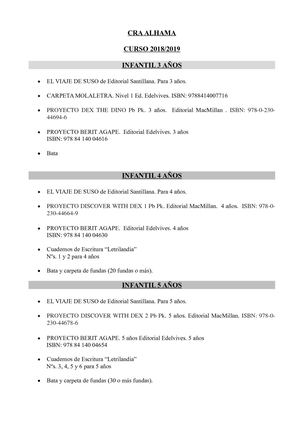 Lista de materiales del CRA Alhama para el curso 2018-2019