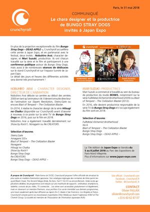 Communiqué de presse : Le chara designer et la productrice de Bungo Stray Dogs invités