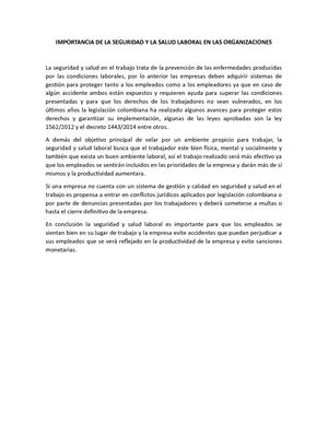 Ensayo Importancia De La Seguridad Y La Salud Laboral En Las Organizaciones