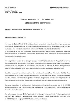 PRESENTATION SYNTHETIQUE DU BUDGET PRIMITIF 2018