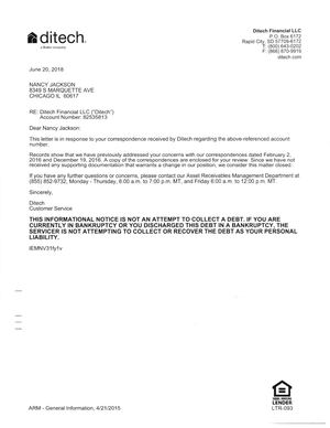 Response From Ditech Dated 6 20 2018 Re'cd 6 25 18