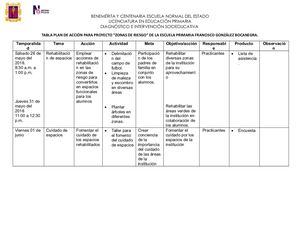 Tabla Plan De Acción Para Proyecto Diagnóstico E Intervencion Socieducativa