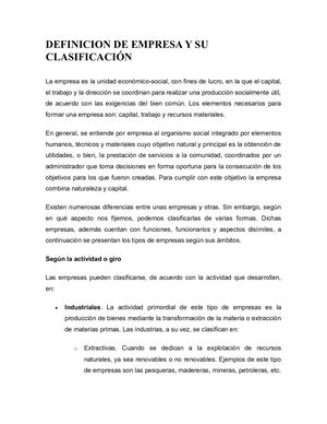 Definicion De Empresa Y Su Clasificacion