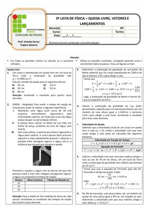 3ª Lista Queda Livre Lançamento Vertical E Vetores