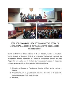 ACTA DE REUNIÓN AMPLIADA DE TRABAJADORAS SOCIALES AGREMIADAS AL COLEGIO DE TRABAJADORAS SOCIALES DEL PERÚ REGIÓN III LIMA