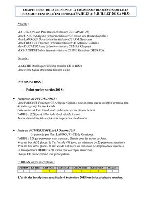 Compte Rendu Commission Oeuvres Sociales Du 3 Juillet 2018