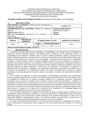 Programa didáctico Evaluación De La Enseñanza Y El Aprendizaje Upel Ipb