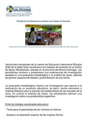 Estudiantes De Wasakentsa Socializan Sus Trabajos De Titulaci N