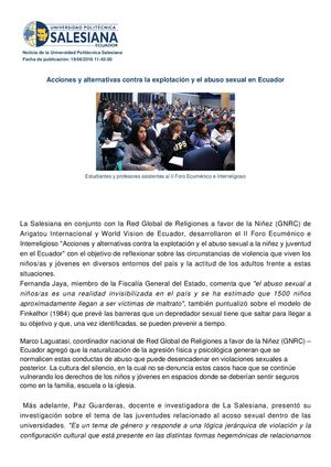 Acciones Y Alternativas Contra La Explotaci N Y El Abuso Sexual En Ecuador