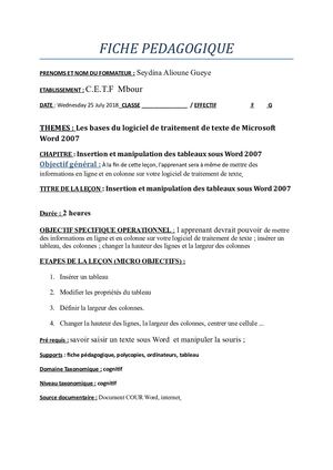 Fiche Insertion Et Manipulation Des Tableaux Sous Word 2007