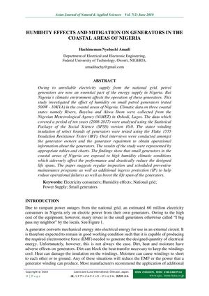 Humidity Effects And Mitigation On Generators In The Coastal Areas Of Nigeria