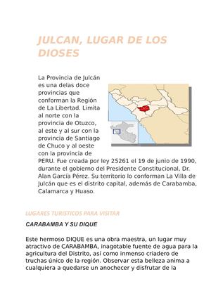 INFORME SOBRE EL LUGAR TURISTICO DE JULCAN (CARABAMBA Y SU DIQUE)