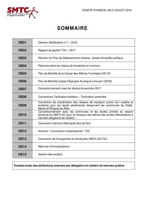 Délibérations Du Comité Syndical Du 5 Juillet 2018