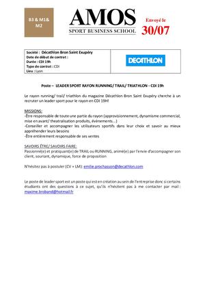 300718- CDI 19h  Decathlon - LEADER SPORT RAYON RUNNING/ TRAIL/ TRIATHLON