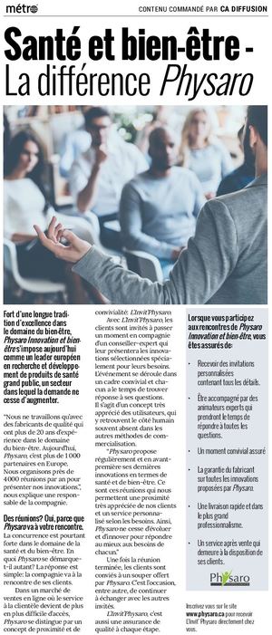 Physaro - publireportage - magazine métro Montreal