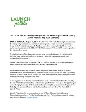 Inc. 2018 Fastest Growing Companies List Names Digital Media Startup Launch Potato a Top 1000 Company