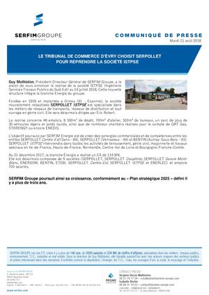 COMMUNIQUÉ SERFIM - LE TRIBUNAL DE COMMERCE D’ÉVRY CHOISIT SERPOLLET POUR REPRENDRE LA SOCIÉTÉ ISTPSE