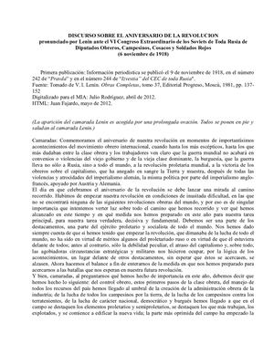 Aniversario Revolucion Bolchevique Rusia Discurso Lenin