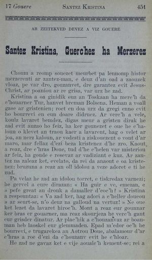 Buez ar Zent… / Graet gant an Ao MARIGO / Nevesaet gant Y.-M. MADEC. Brest : Ti D. Derrien, 1927. P. 451 -> 887 [ Rann 2/2 = 2ème section/2, Doare liv a orin]