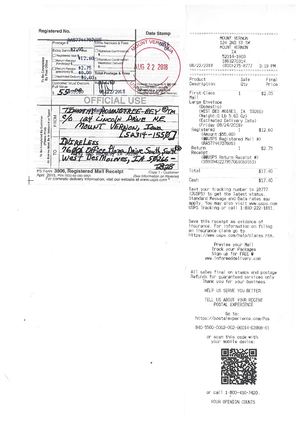 iwireless, Returned letter, USPS Registered Return Receipt on Aug. 22, 2018.